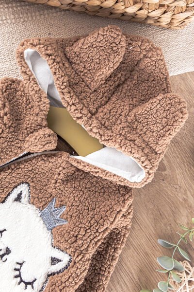 Kedi Figürlü Peluş Welsoft Kız/Erkek Bebek Tulum KAHVERENGİ - 3 Ay
