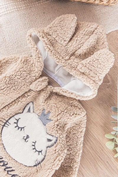 Kedi Figürlü Peluş Welsoft Kız/Erkek Bebek Tulum BEJ -  0-3 AY