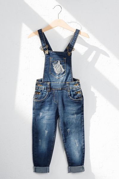 Eskitme Detaylı Denim Kumaş Çocuk Kot Salopet