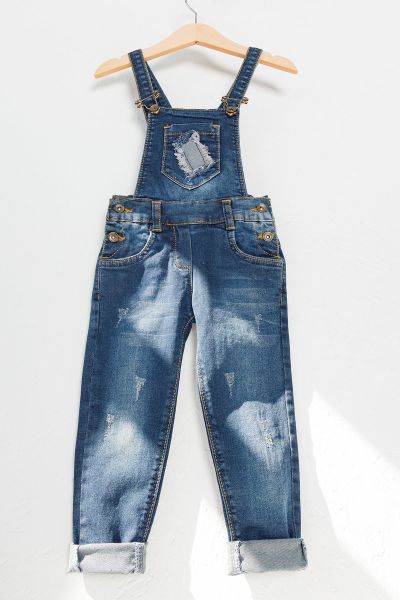 Eskitme Detaylı Denim Kumaş Çocuk Kot Salopet