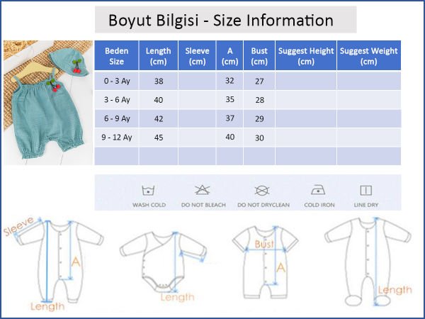 Kiraz Figürlü Şapkalı Yazlık Müslin Kız Bebek Tulum YEŞİL - 3-6 AY