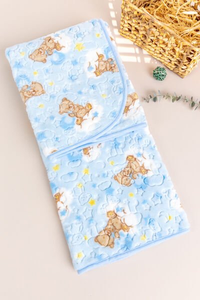 Figürlü Peluş Kız/Erkek Bebek Battaniye MAVİ -  Tek Ebat