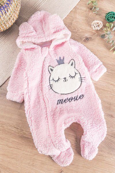 Kedi Figürlü Peluş Welsoft Kız/Erkek Bebek Tulum PEMBE - 6 Ay