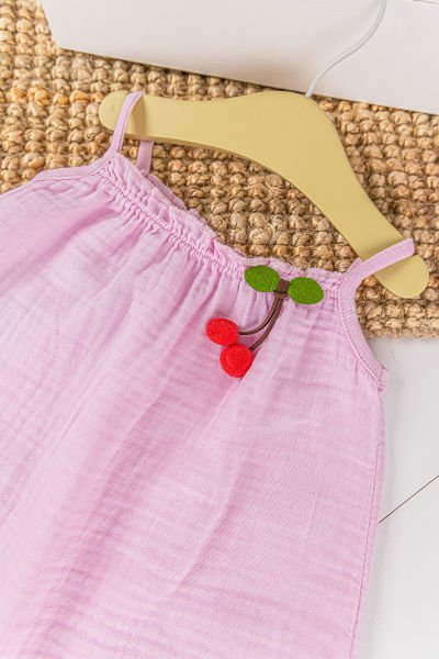 Kiraz Figürlü Şapkalı Yazlık Müslin Kız Bebek Tulum PEMBE - 3-6 AY