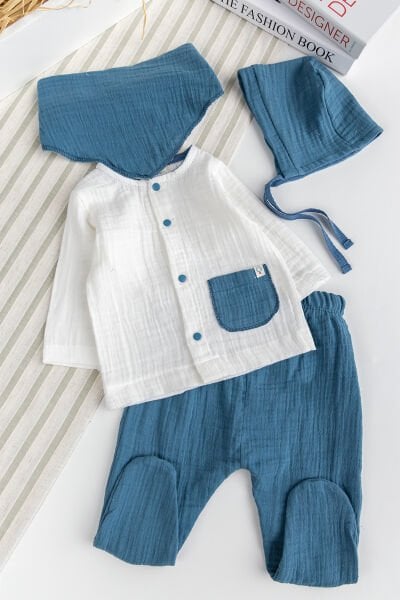 Müslin %100 Pamuk Erkek Bebek 4 Parça Takım Set Hastane Çıkışı