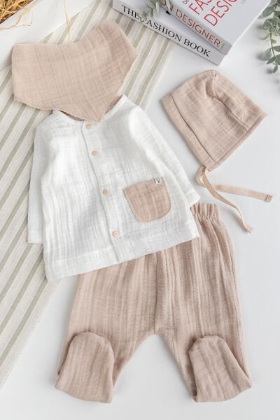 Müslin %100 Pamuk Erkek Bebek 4 Parça Takım Set Hastane Çıkışı