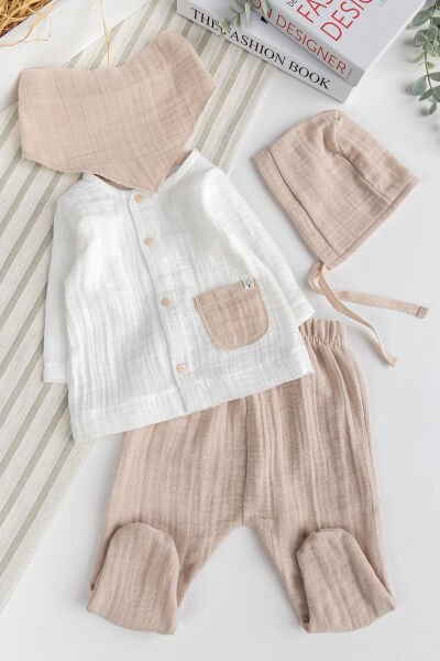 Müslin %100 Pamuk Erkek Bebek 4 Parça Takım Set Hastane Çıkışı