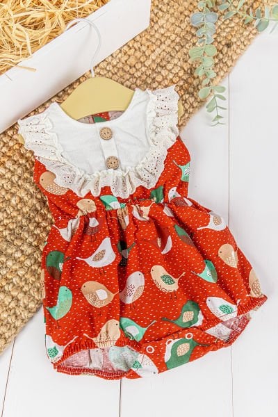 Fistolu Kuş Desenli Yazlık Kız Bebek Tulum