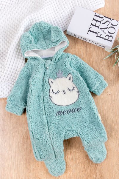 Kedi Figürlü Peluş Welsoft Kız/Erkek Bebek Tulum YEŞİL - 3 Ay
