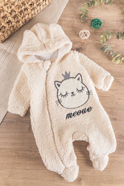 Kedi Figürlü Peluş Welsoft Kız/Erkek Bebek Tulum KREM - 3 Ay