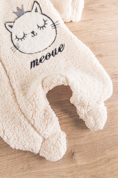 Kedi Figürlü Peluş Welsoft Kız/Erkek Bebek Tulum KREM - 3 Ay