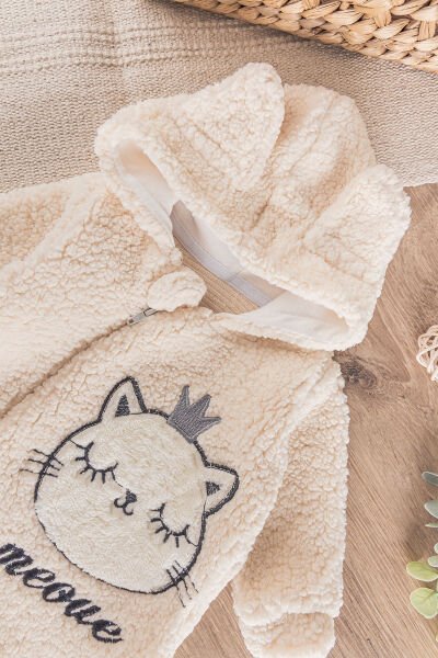 Kedi Figürlü Peluş Welsoft Kız/Erkek Bebek Tulum KREM - 3 Ay