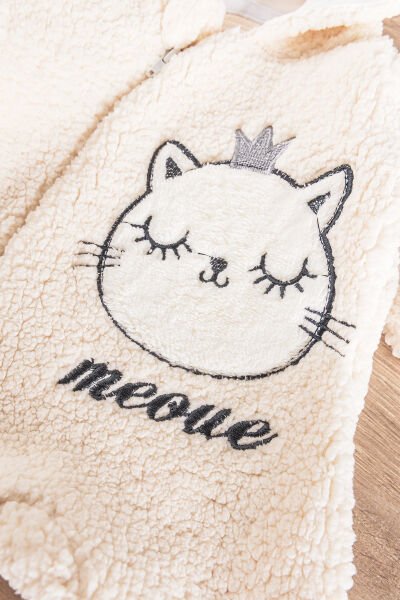 Kedi Figürlü Peluş Welsoft Kız/Erkek Bebek Tulum KREM - 3 Ay