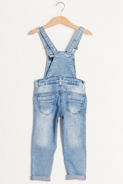 Taş İşlemeli Denim Kumaş Kız Çocuk Kot Salopet Tulum