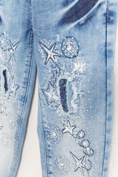 Taş İşlemeli Denim Kumaş Kız Çocuk Kot Salopet Tulum