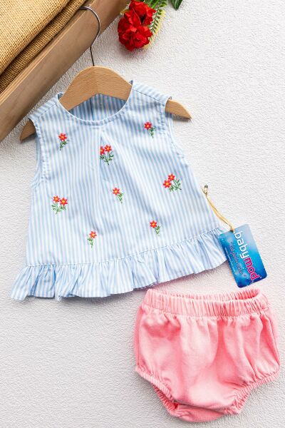 Çiçek İşlemeli İkili Kız Bebek Takım