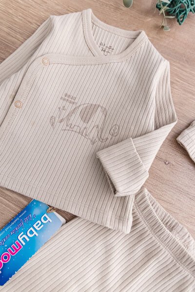 Fil Figürlü 3 Parça Erkek Bebek Takım BEJ - Yeni Doğan