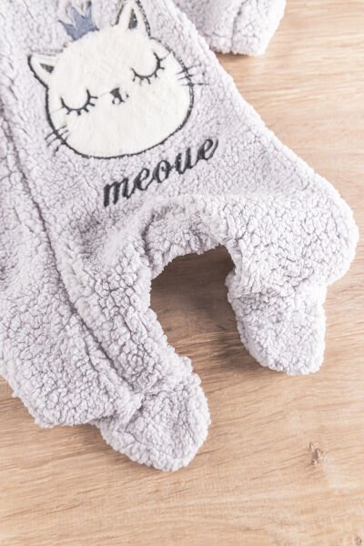 Kedi Figürlü Peluş Welsoft Kız/Erkek Bebek Tulum GRİ - 3 Ay