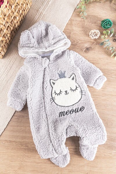 Kedi Figürlü Peluş Welsoft Kız/Erkek Bebek Tulum GRİ - 6 Ay