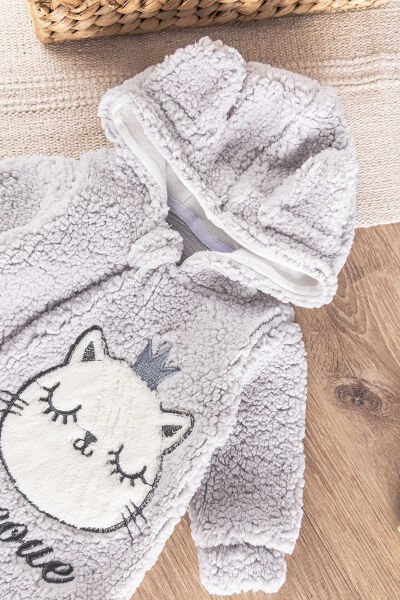 Kedi Figürlü Peluş Welsoft Kız/Erkek Bebek Tulum GRİ - 6 Ay