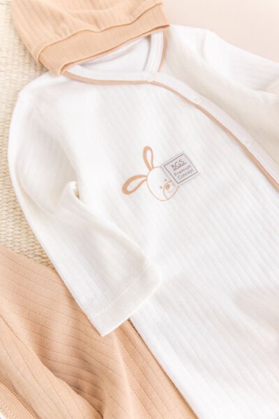 Tavşan Figürlü 2'li Uzun Kollu Kız/Erkek Bebek Tulum Takım BEJ - 3-6 AY