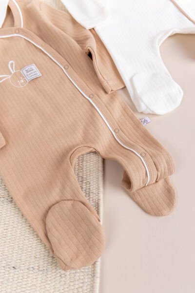 Tavşan Figürlü 2'li Uzun Kollu Kız/Erkek Bebek Tulum Takım BEJ - 3-6 AY