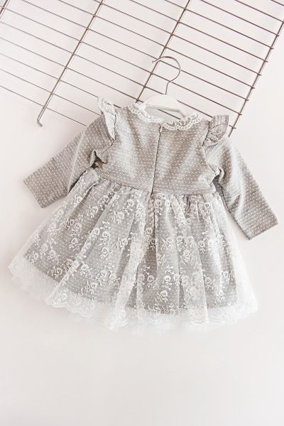 Babymod Güpürlü Penye Uzun Kollu Bebek Elbise Gri Layette
