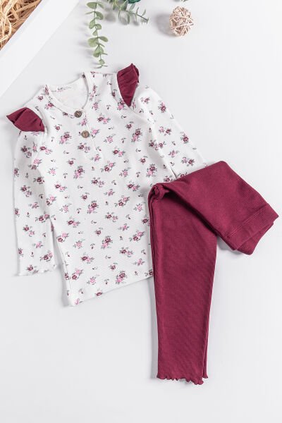Çiçek Desenli Fırfırlı Kız Çocuk Pijama Takımı BORDO - 2 Yaş