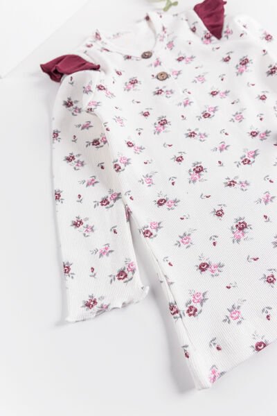 Çiçek Desenli Fırfırlı Kız Çocuk Pijama Takımı BORDO - 2 Yaş