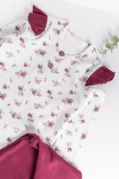 Çiçek Desenli Fırfırlı Kız Çocuk Pijama Takımı BORDO - 3 Yaş