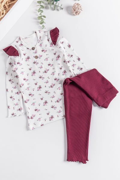 Çiçek Desenli Fırfırlı Kız Çocuk Pijama Takımı BORDO - 4 Yaş