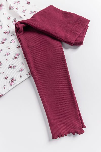 Çiçek Desenli Fırfırlı Kız Çocuk Pijama Takımı BORDO - 4 Yaş