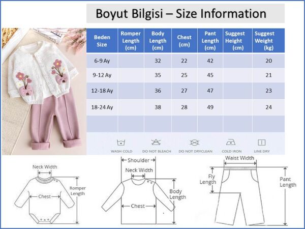 Kız Bebek Çocuk Hırkalı Üç İplik Şardonlu  Çiçek İşlemeli 100% Pamuk 3 lü Takım Set PEMBE -  12-18 AY