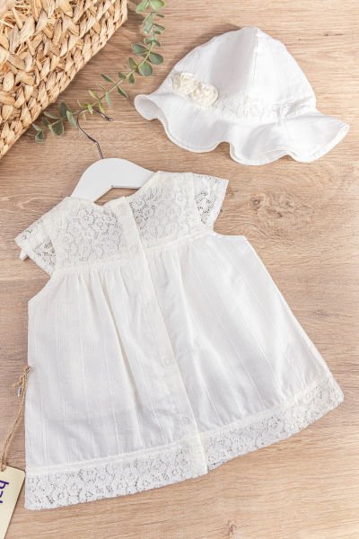 Güpür Detaylı Şapkalı Kız Bebek Yazlık Elbise