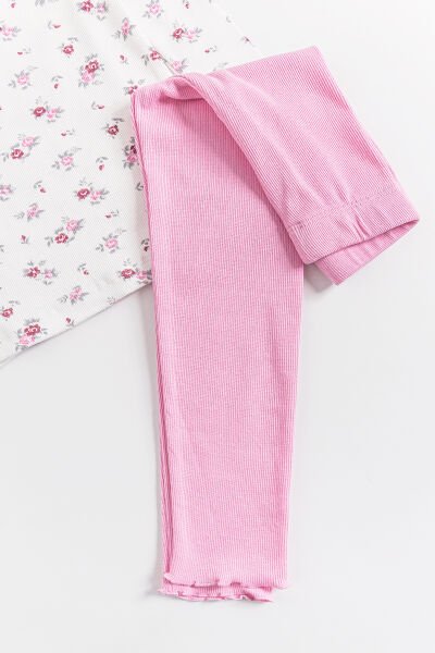 Çiçek Desenli Fırfırlı Kız Çocuk Pijama Takımı PEMBE - 2 Yaş