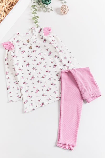 Çiçek Desenli Fırfırlı Kız Çocuk Pijama Takımı PEMBE - 3 Yaş