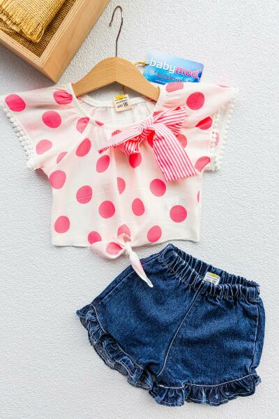 Puantiye Desenli Fiyonklu İkili Kız Bebek Takım