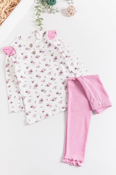 Çiçek Desenli Fırfırlı Kız Çocuk Pijama Takımı PEMBE - 4 Yaş