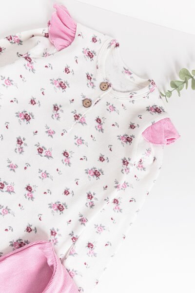 Çiçek Desenli Fırfırlı Kız Çocuk Pijama Takımı PEMBE - 4 Yaş