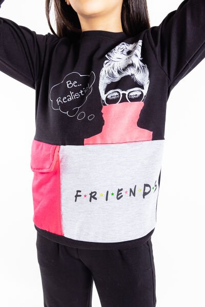 Friend Baskılı Neon Detaylı Kız Çocuk Eşofman Takımı SİYAH - 8 Yaş