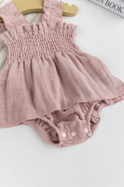 Müslin %100 Pamuk Kız Bebek Askılı Yazlık Elbise Gül kurusu - 9 Ay