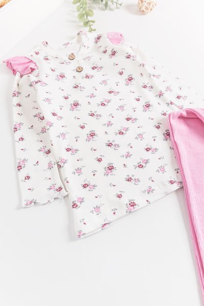 Çiçek Desenli Fırfırlı Kız Çocuk Pijama Takımı PEMBE - 5 Yaş