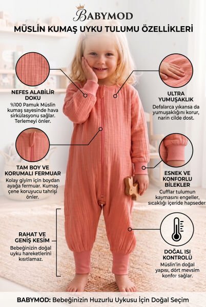 Müslin Uyku Tulumu 1.0 Tog Çocuk Yazlık Uyku Tulumu Uyku Gurusu %100Pamuk Doğal Kumaş Tarçın  - 2-3 Yaş