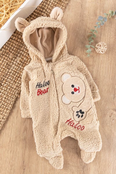 Ayıcık Figürlü Kapüşonlu Kışlık Welsoft Bebek Tulum