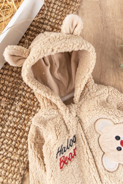Ayıcık Figürlü Kapüşonlu Kışlık Welsoft Bebek Tulum BEJ -  0-3 AY