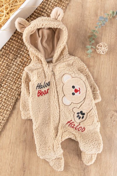 Ayıcık Figürlü Kapüşonlu Kışlık Welsoft Bebek Tulum BEJ -  6-9 AY