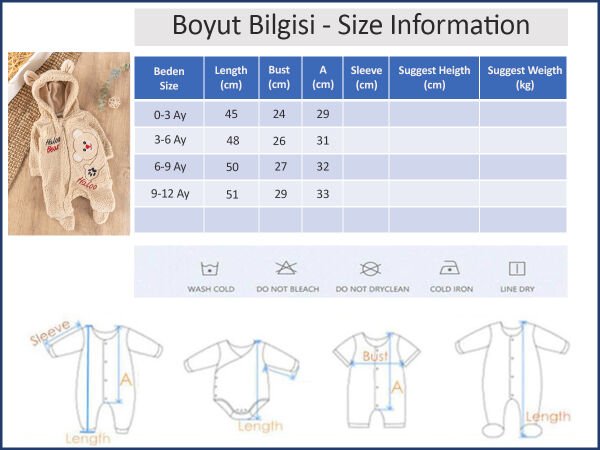 Ayıcık Figürlü Kapüşonlu Kışlık Welsoft Bebek Tulum BEJ -  6-9 AY