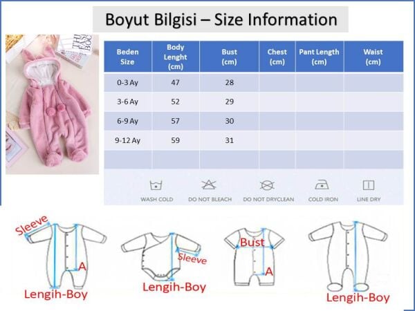 Kışlık Peluş Welsoft  Penye Astarlı Pamuklu Kız Erkek Bebek Tulum Gülkurusu -  9-12 AY
