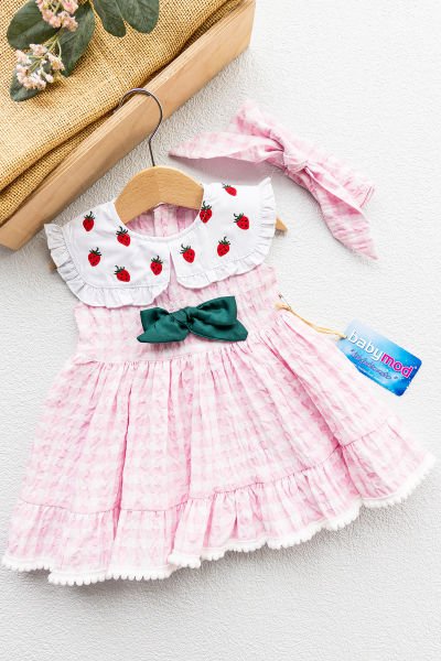 Çilek İşlemeli Bandanalı Bebek Elbise