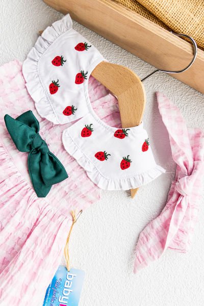 Çilek İşlemeli Bandanalı Bebek Elbise
